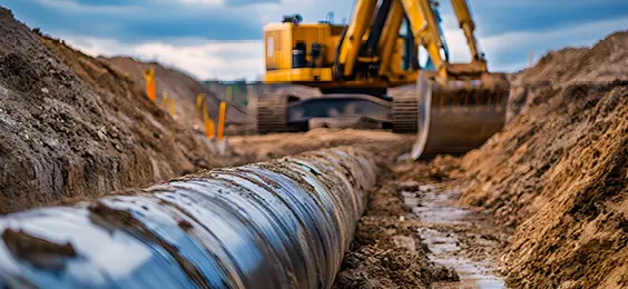 Excavator installing utility pipe at construction site representing contractor services.